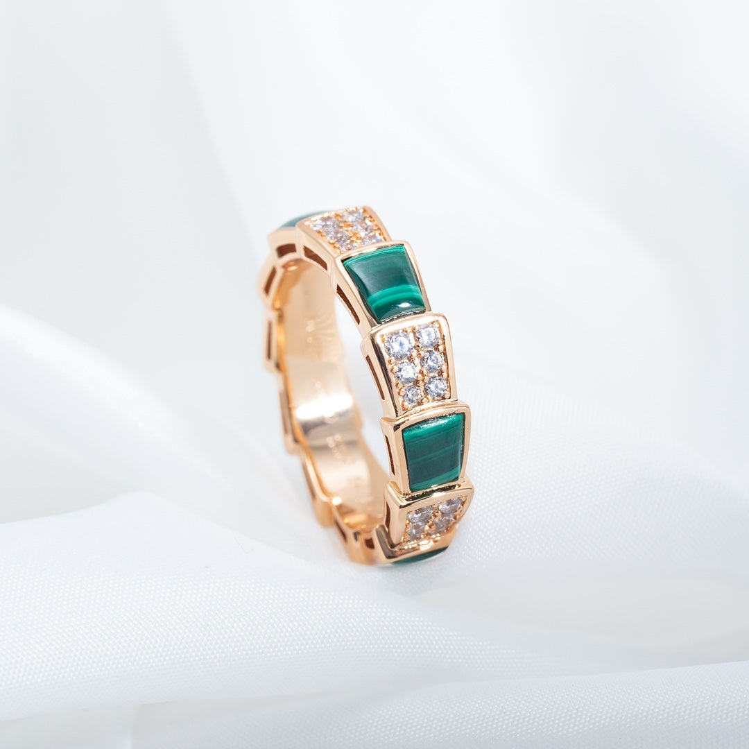 [BLUE TEARS]SERPENTI RING PINK GOLD MALACHITE DIAMOND PAVED 4MM