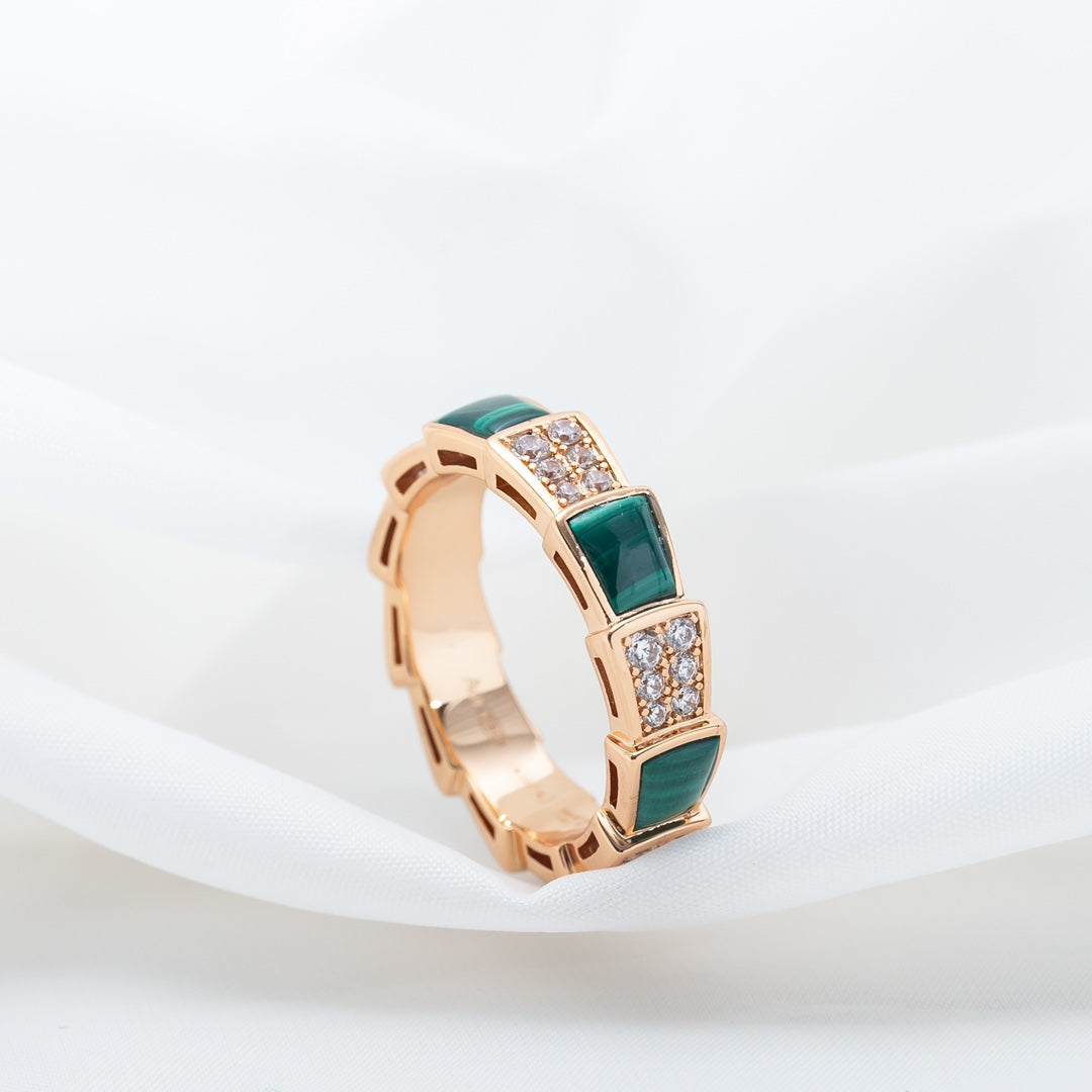 [BLUE TEARS]SERPENTI RING PINK GOLD MALACHITE DIAMOND PAVED 4MM