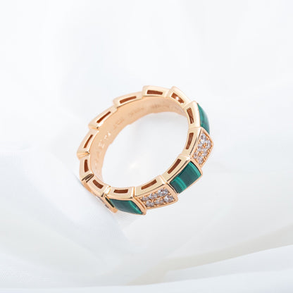 [BLUE TEARS]SERPENTI RING PINK GOLD MALACHITE DIAMOND PAVED 4MM