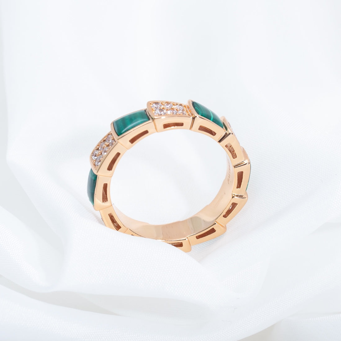 [BLUE TEARS]SERPENTI RING PINK GOLD MALACHITE DIAMOND PAVED 4MM