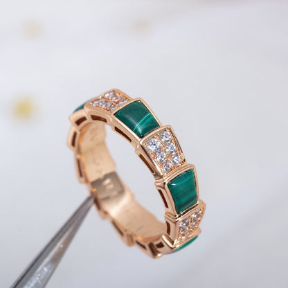 [BLUE TEARS]SERPENTI RING PINK GOLD MALACHITE DIAMOND PAVED 4MM