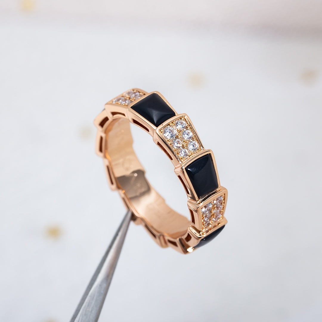 [BLUE TEARS]SERPENTI RING PINK GOLD BLACK MOP DIAMOND PAVED 4MM