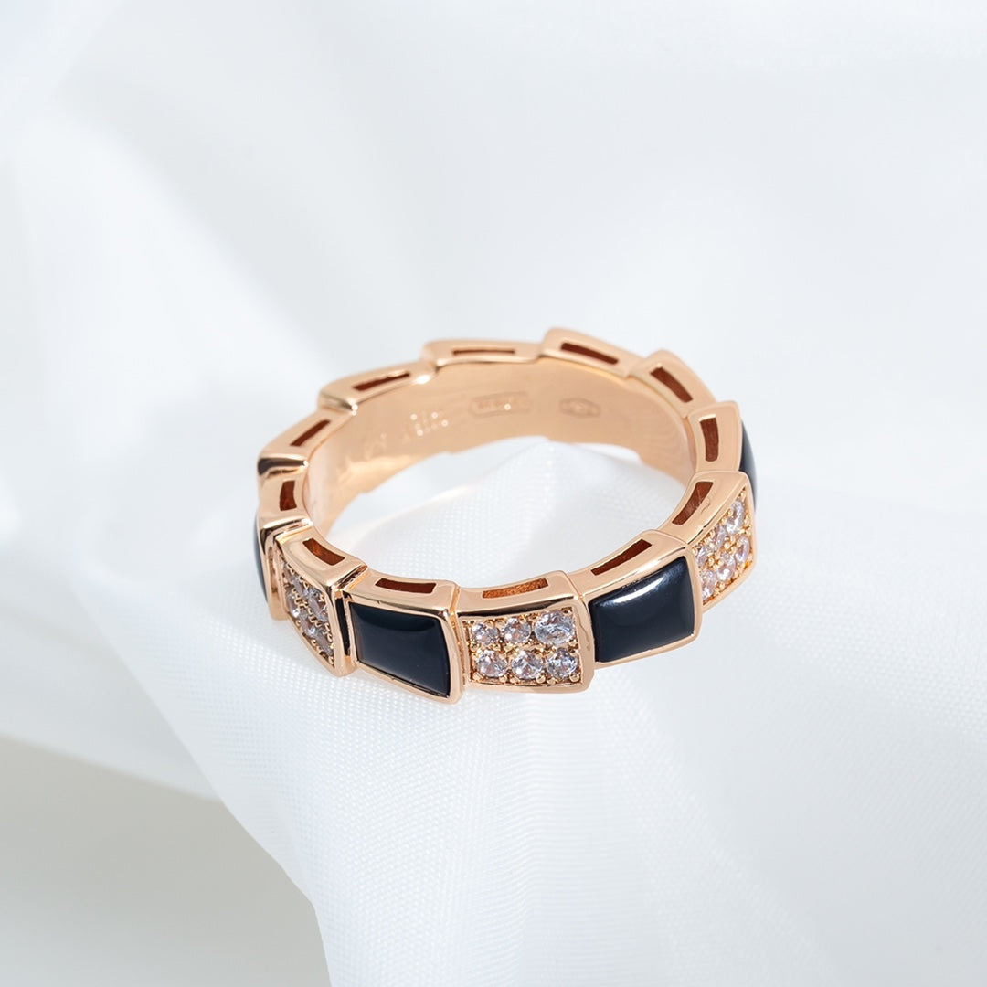 [BLUE TEARS]SERPENTI RING PINK GOLD BLACK MOP DIAMOND PAVED 4MM