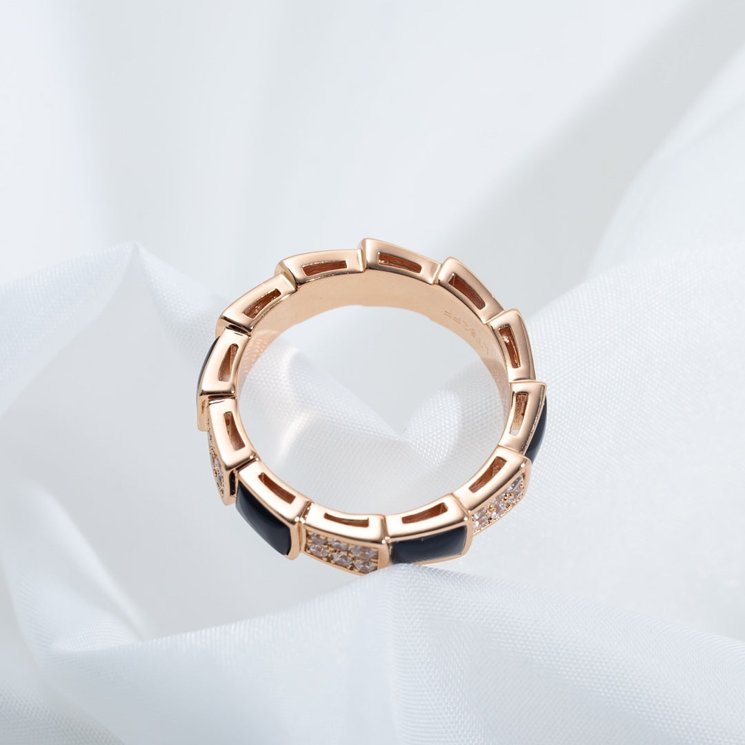 [BLUE TEARS]SERPENTI RING PINK GOLD BLACK MOP DIAMOND PAVED 4MM