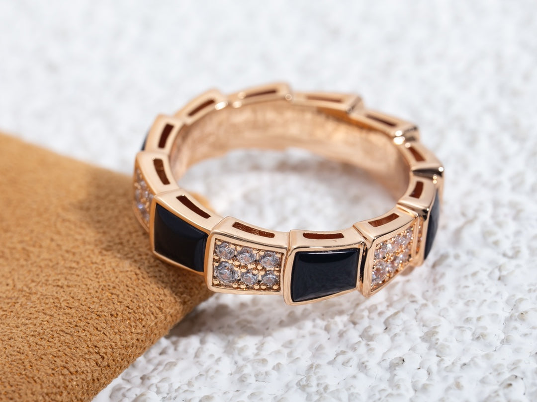 [BLUE TEARS]SERPENTI RING PINK GOLD BLACK MOP DIAMOND PAVED 4MM