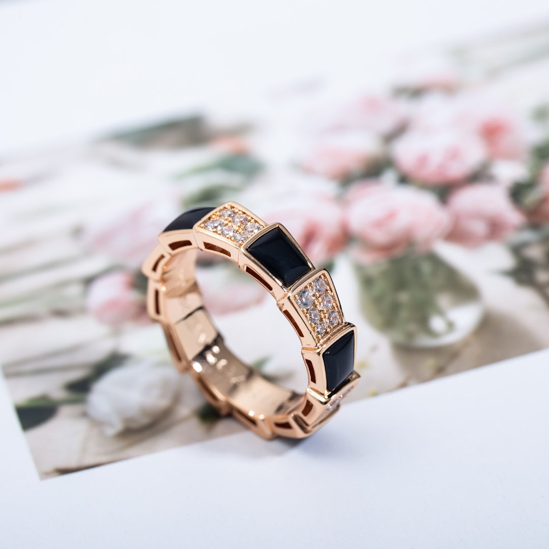 [BLUE TEARS]SERPENTI RING PINK GOLD BLACK MOP DIAMOND PAVED 4MM