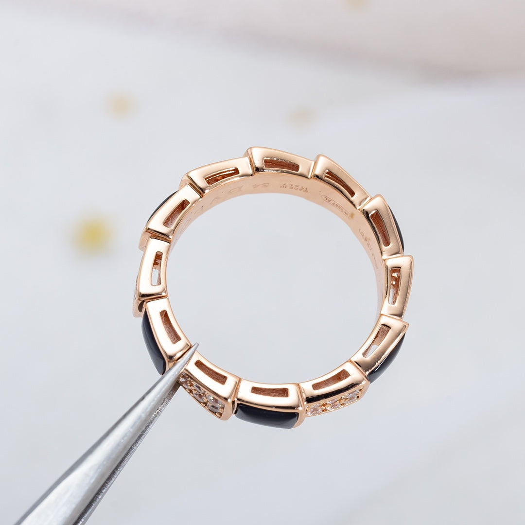 [BLUE TEARS]SERPENTI RING PINK GOLD BLACK MOP DIAMOND PAVED 4MM