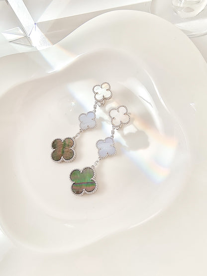 [BLUE TEARS]CLOVER 3 MOTIFS CHALCEDONY DARK MOP SILVER EARRINGS