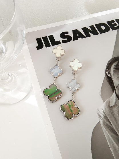 [BLUE TEARS]CLOVER 3 MOTIFS CHALCEDONY DARK MOP SILVER EARRINGS