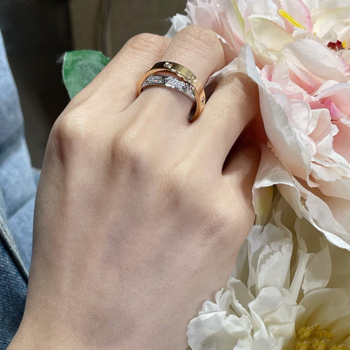[BLUE TEARS]LOVE PINK GOLD SILVER DIAMOND DOUBLE RING