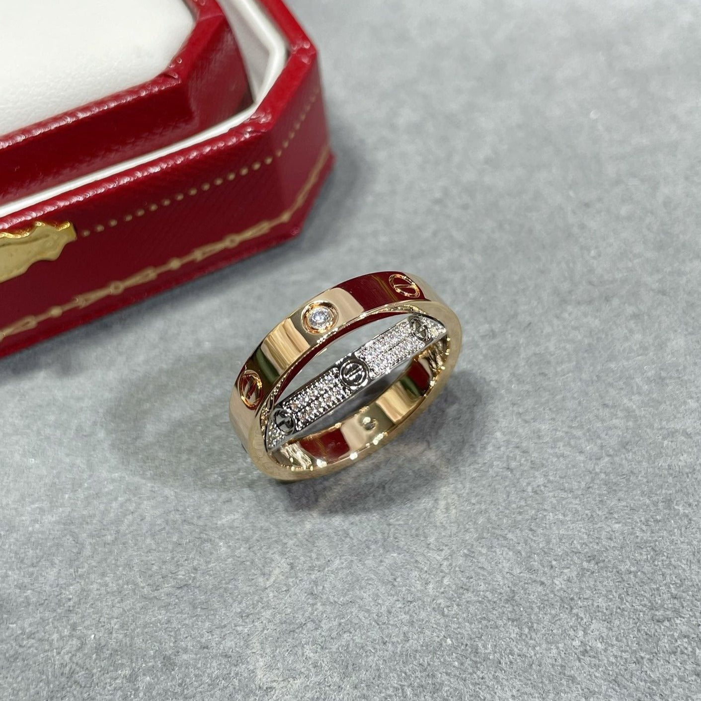 [Blue Tears Jewelry]LOVE PINK GOLD SILVER DIAMOND DOUBLE RING