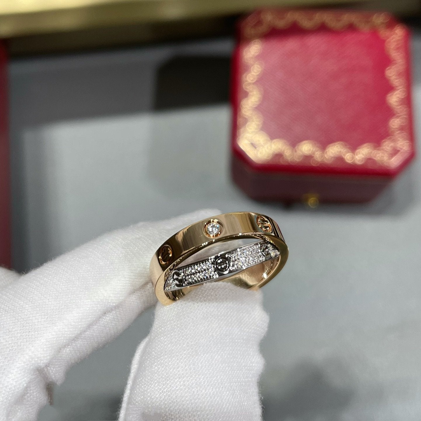 [Blue Tears Jewelry]LOVE PINK GOLD SILVER DIAMOND DOUBLE RING