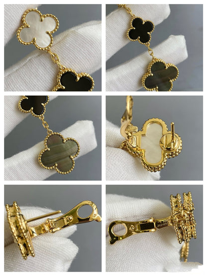 [BLUE TEARS]CLOVER 3 MOTIF MOP ONYX DARK MOP PINK GOLD EARRINGS