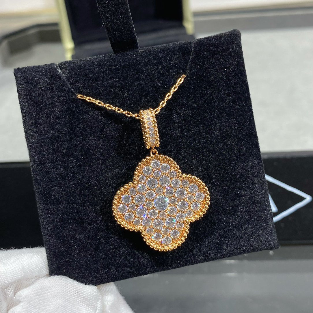 [BLUE TEARS]CLOVER 25MM LARGE PEDANT DIAMOND PAVED LONG NECKLACE