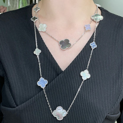 [BLUE TEARS]CLOVER 16 MOTIF CHALCEDONY MOP SILVER NECKLACE
