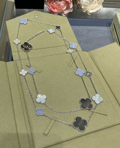 [BLUE TEARS]CLOVER 16 MOTIF CHALCEDONY MOP SILVER NECKLACE