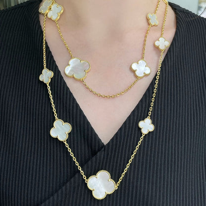 [BLUE TEARS]CLOVER 16 MOTIF WHITE MOP GOLD NECKLACE