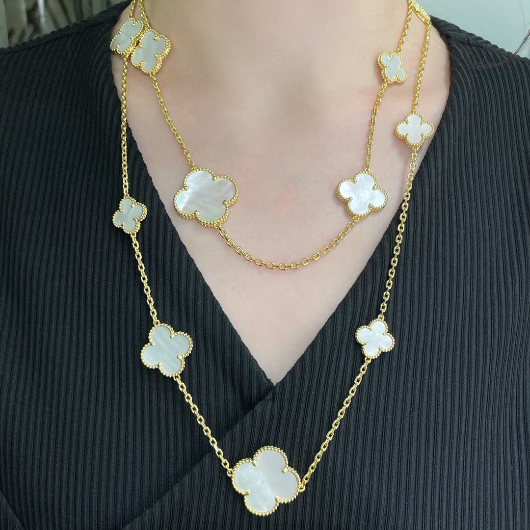 [BLUE TEARS]CLOVER 16 MOTIF WHITE MOP GOLD NECKLACE