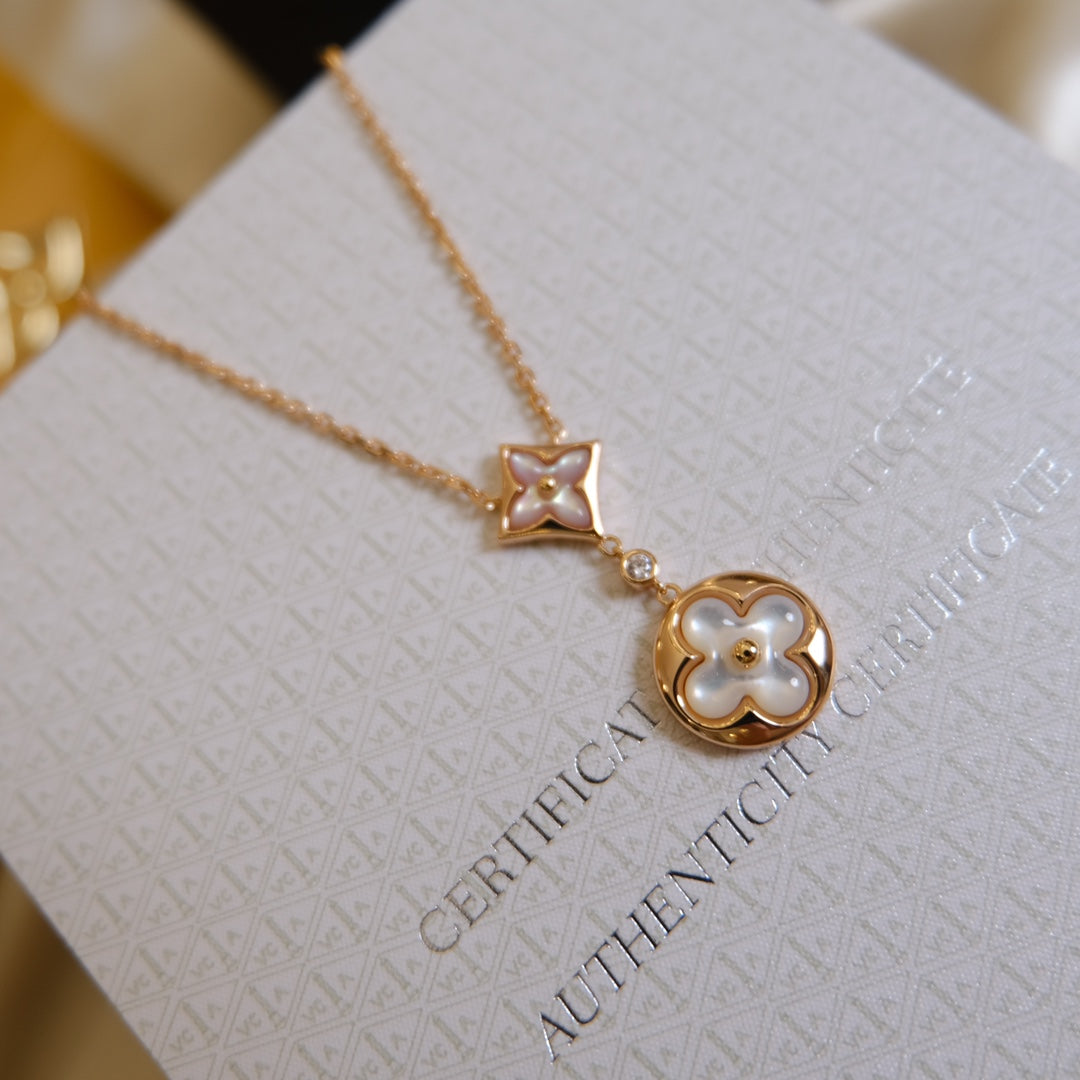 [BLUE TEARS]STAR AND SUN WHITE MOP 2 MOTIF PINK GOLD NECKLACE
