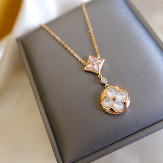 [BLUE TEARS]STAR AND SUN WHITE MOP 2 MOTIF PINK GOLD NECKLACE