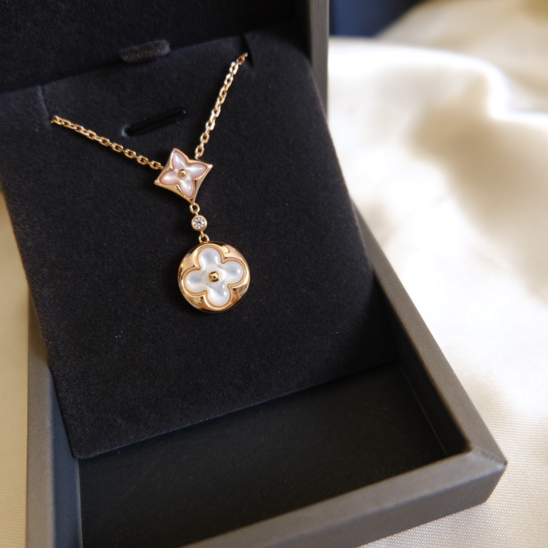 [BLUE TEARS]STAR AND SUN WHITE MOP 2 MOTIF PINK GOLD NECKLACE