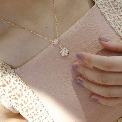 [BLUE TEARS]STAR AND SUN WHITE MOP 2 MOTIF PINK GOLD NECKLACE