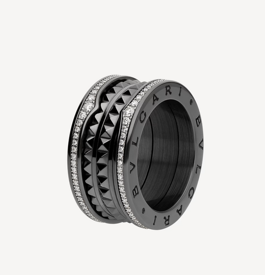 [BLUE TEARS]ZERO 1 ROCK FOUR-BAND BLACK CERAMIC WITH STUDDED SPIRAL AND PAVED DIAMONDS RING