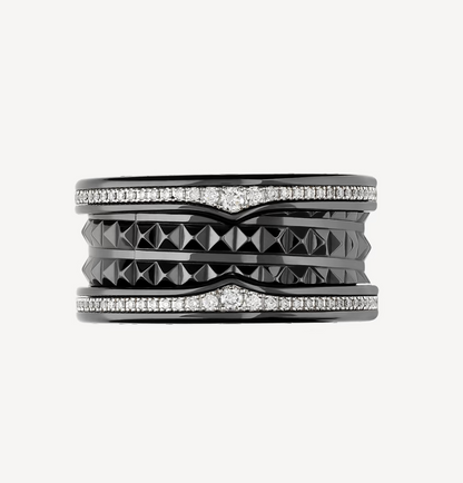 [BLUE TEARS]ZERO 1 ROCK FOUR-BAND BLACK CERAMIC WITH STUDDED SPIRAL AND PAVED DIAMONDS RING