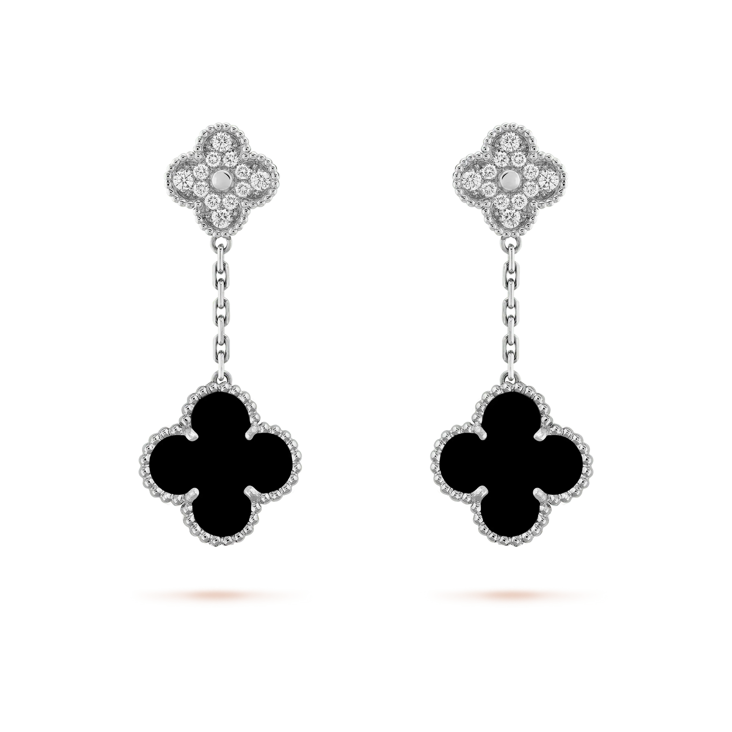 [BLUE TEARS]CLOVER 2 MOTIFS  DIAMOND ONYX EARRINGS SILVER