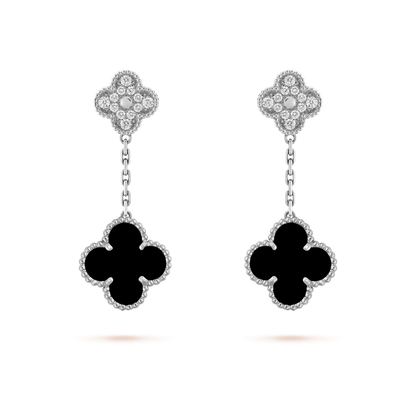 [BLUE TEARS]CLOVER 2 MOTIFS  DIAMOND ONYX EARRINGS SILVER