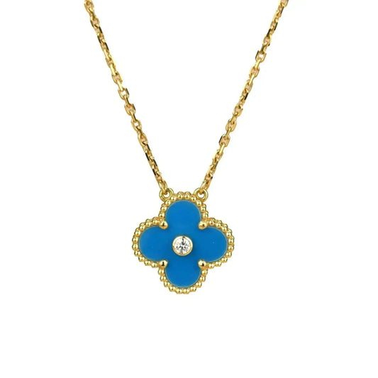 [BLUE TEARS]CLOVER 15MM DIAMOND AND BLUE AGATE NECKLACE