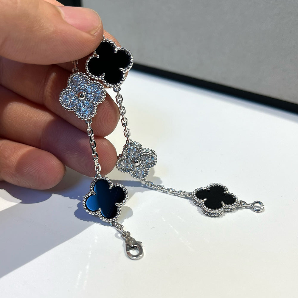 [BLUE TEARS]CLOVER 5 MOTIF ONYXS DIAMOND BRACELET SILVER