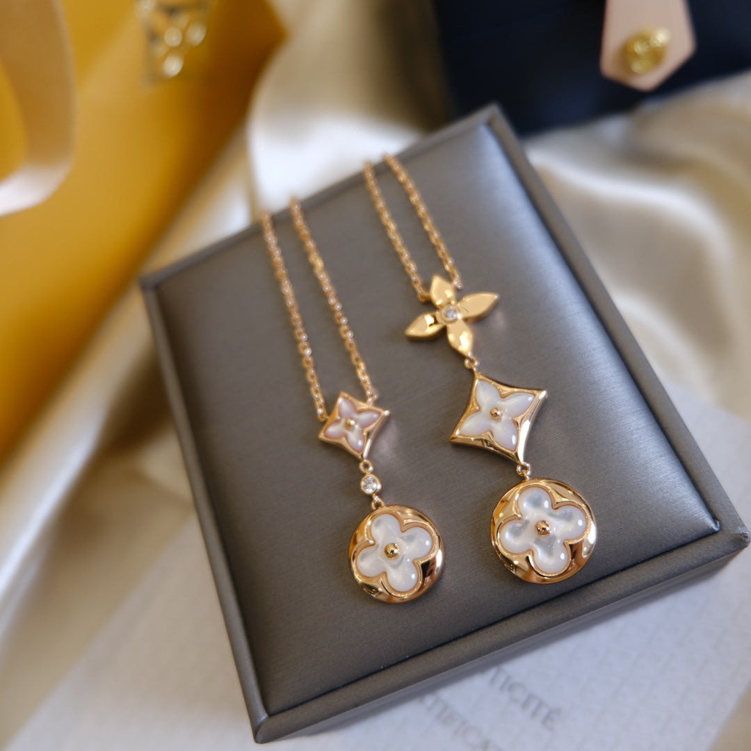 [BLUE TEARS]COLOR BLOSSOM LARIAT NECKLACE PINK GOLD WHITE MOTHER PEARL AND DIAMOND