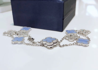 [BLUE TEARS]CLOVER 10 MOTIFS CHALCEDONY DIAMONDS SILVER NECKLACE